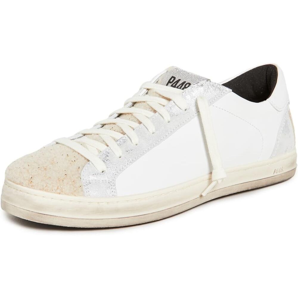 P448 John Lama Sneaker White Silver Lace Up Low Top Leather Sz 41 / 10.5